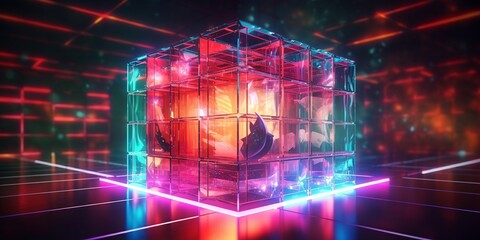 Reflective glow of neon lights on a cube, creating a captivating and dynamic visual effect. Generative Ai