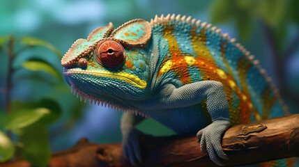 Obraz premium Close up portrait of colorful vibrant chameleon on tree branch