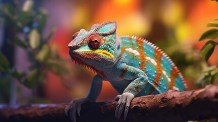 Fototapeta premium Close up portrait of colorful vibrant chameleon on tree branch