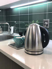 Silver metal electric kettle for boiling water and making tea on a table in the kitchen interior. An electric kettle. Realistic 3D illustration. Generative AI