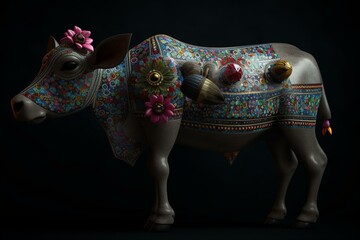 Contemporary digital cow and lotus pichwai from Rajasthan featuring dark background, great for interior decor. Generative AI