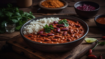 Rajma masala Red Kidney beans curry served with Basmati rice close-up on a wooden tray on the table. Vertical top view from above. Generative AI