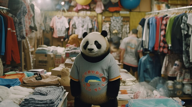 cute panda in t shirt and clothes selling on flea market