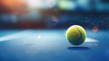 Flying tennis ball on a blue court - obrazy, fototapety, plakaty