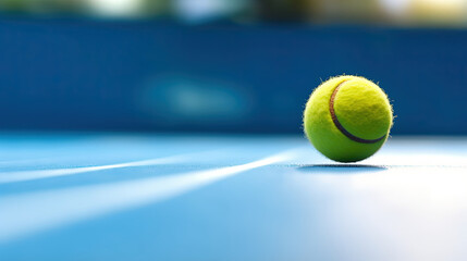 Flying tennis ball on a blue court