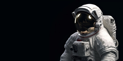 Cosmonaut or astronaut in a spacesuit, close-up and on an isolated black background. Generative AI