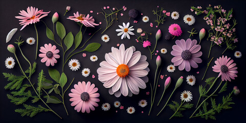 Beautiful delicate flowers in pastel colors on a uniform background. Generative AI