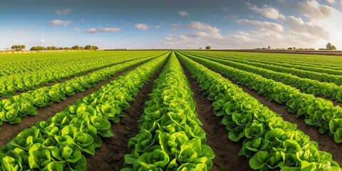 Image of long rows of green beds with growing cabbage or lettuce in a large farmer's field. Generative AI