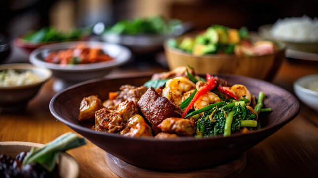 Traditional indonesian food served on table in restaurant. A plate of food with a bowl of rice and a small bowl of sauce. Realistic 3D illustration. Generative AI