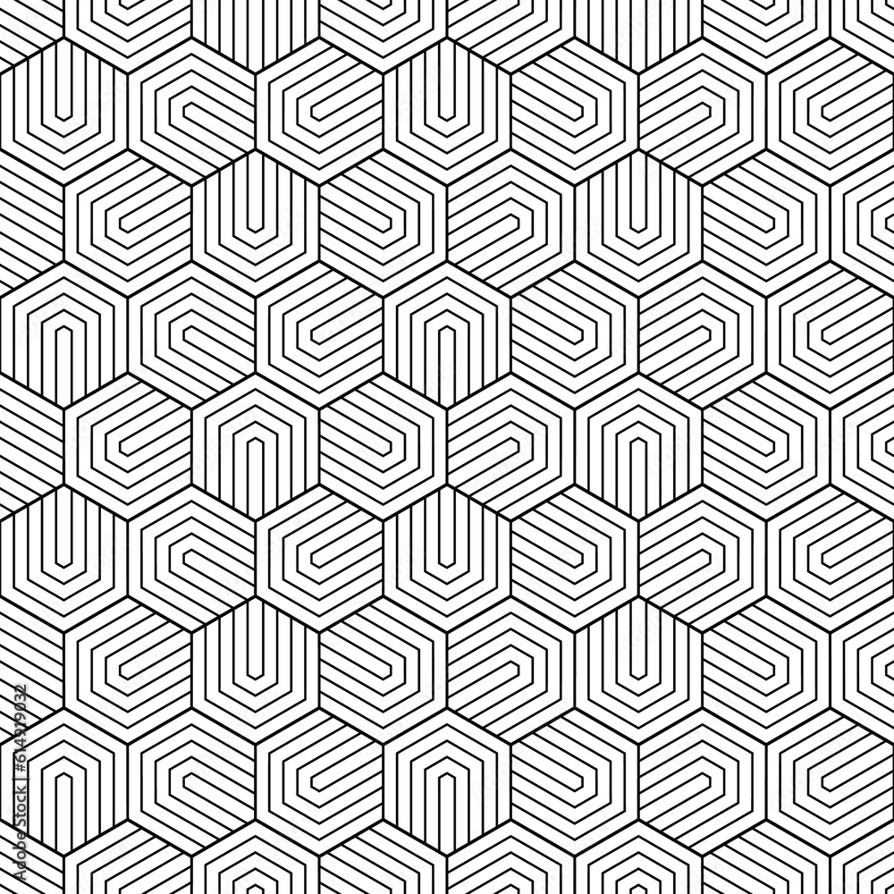 Poster geometric seamless pattern. repeating hexagon lattice. repeated black line isolated on white backgro