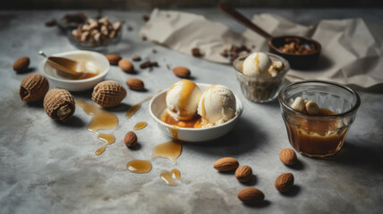 Fototapeta na wymiar Scoops of ice cream with caramel sauce and nuts on light grey table, flat lay. Generative AI