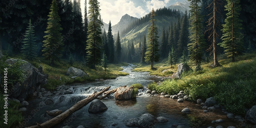 Poster a mountain stream running through a grove of evergreen trees