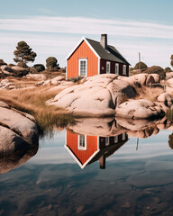 minimalist image of a beautiful idyllic island in the swedish archipelago, cute red cabin, beautiful water. concept of tranquility, relaxation, rest, vacation. image created with ai - obrazy, fototapety, plakaty