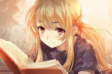 Cute anime girl reading book.