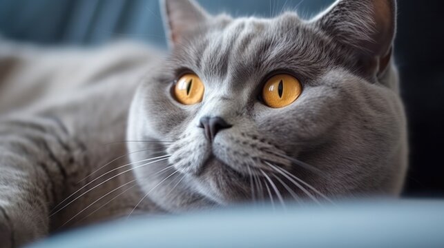 British Shorthair Cat, close-up photo, in the living room, cute, beauty natural light.