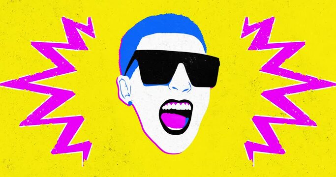 Motion design fun animation. Art collage, magazine style. Suitable for use in vj and misic videos. Girl screams very loudly with an aggressive grunge effect