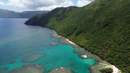Fototapeta na wymiar Playa Ermitano, El Valle, Samana, beach in Dominican Republic. Aerial drone photo.