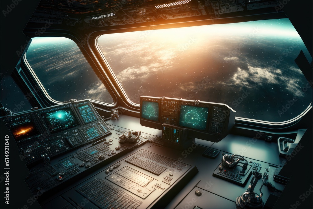 Poster outer view of spaceship window with control system room. abstract discover new planet in space. fine