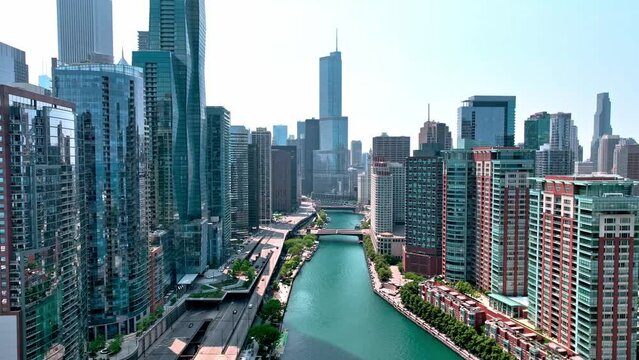 Chicago River at Downtown from above aerial view over the city - aerial photography by drone