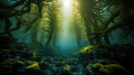 Behold the grandeur of towering kelp forests, swaying like an enchanted underwater forest. Generative AI - obrazy, fototapety, plakaty