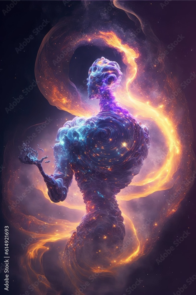 Poster surreal image of humanoid with floating intrinsic iridescent in nebula. element of colorful spiral s