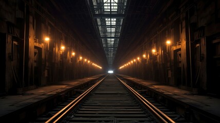 Fototapeta na wymiar Dimly lit tunnels wind through the depths, revealing a labyrinth of steel tracks and flickering lights. Generative AI