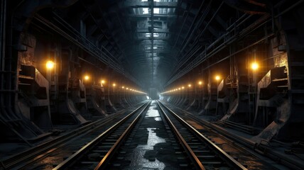 Dimly lit tunnels wind through the depths, revealing a labyrinth of steel tracks and flickering lights. Generative AI