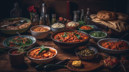 Traditional Indian dishes on the wooden table, selection of assorted spicy food. Generative AI