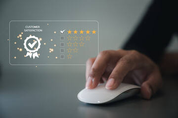 Businessman clicking smile button on computer mouse for best evaluation and customer satisfaction...