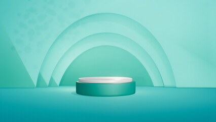3D rendering cylinder pedestal podium minimal scene pastel mint backdrop illustration.Geometric platforms. Abstract mockup products display stage showcase. Modern background presentation studio..