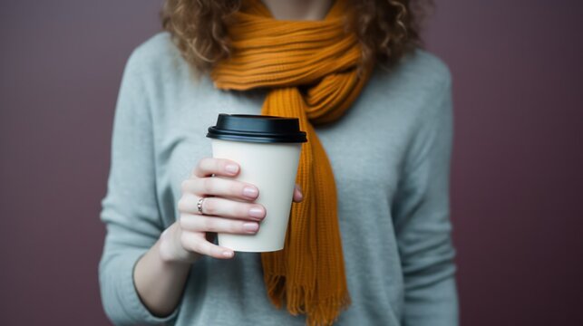 Female hand with paper cup of coffee take away.