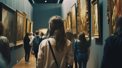 People attending painting art gallery - obrazy, fototapety, plakaty