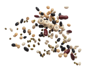 Alphabet letter wording "Bean" bead toy flying over explosion flying in air. Bean word alphabet letter show multi grain color difference of beans. White background isolated.