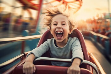 Happy child on a carousel. Background with selective focus. AI generated, human enhanced - obrazy, fototapety, plakaty