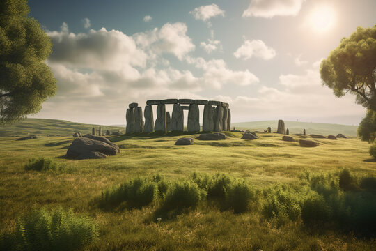 The standing stones of Stonehenge on a low hill in a windswept green landscape with a distant forest and far distant mountains. Generative AI.