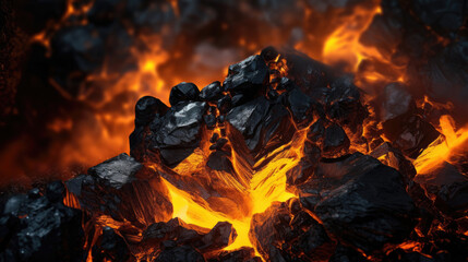 Coal smolders from a burning fire