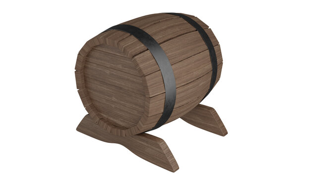 Old wooden oak barrel on stands isolated on white and transparent background. Barrel concept. 3D render