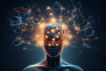 Obraz premium Electrons revolving around the brain inside someone's head made with generative ai