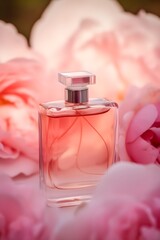 bottles and flacons with perfume, the concept of making spirit of perfume products, AI generation