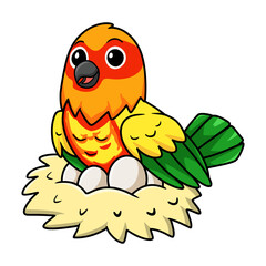 Cute yellow and green parrot lovebird cartoon with eggs in the nest