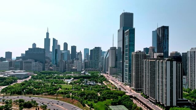 Chicago downtown buildings at Millennium Park - aerial photography by drone