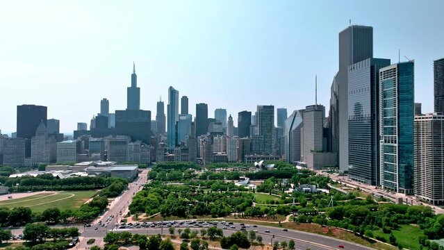 Chicago downtown buildings at Millennium Park - aerial photography by drone