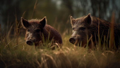 Two wild boars, sus scrofa, approaching on glade in spring nature. Wild boars feeding on green grain field in summer.. Realistic 3D illustration. Generative AI
