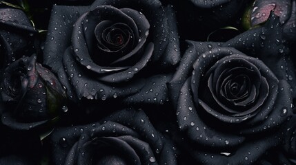 Condolences, sympathy card. Funeral concept. Black roses as floral elegant background. Abstract floral layout, banner. Elegant minimalistic floral composition.  AI image.