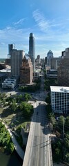 Aerial view of Austin: A vibrant and diverse city in Texas known for its live music scene, outdoor activities, and eclectic culture.