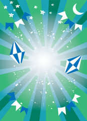 Festa Junina with party flags, balloons, stars and moon on green and blue rays background. Lettering style. Vector illustration for cards and banners