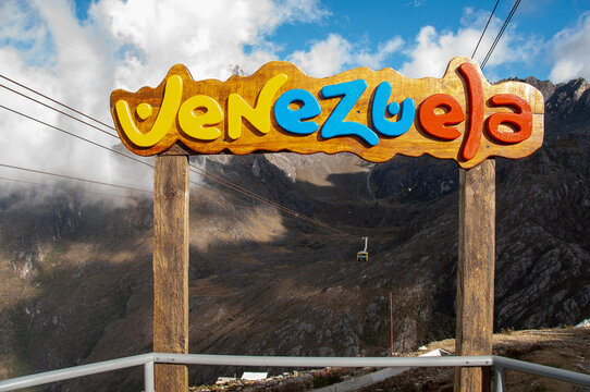 Merida, Venezuela. Country identity sign on the M&eacute;rida or Mukumbar&iacute; Cable Car System entering the Loma Redonda station