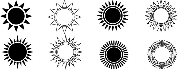 black white sun icon set.outline silhouette sun icon