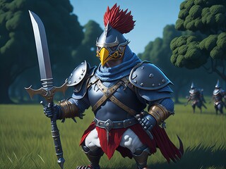 Chicken knight with a sword. Generative AI