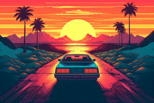 Summer vibes 80s style illustration with car driving into sunset. 